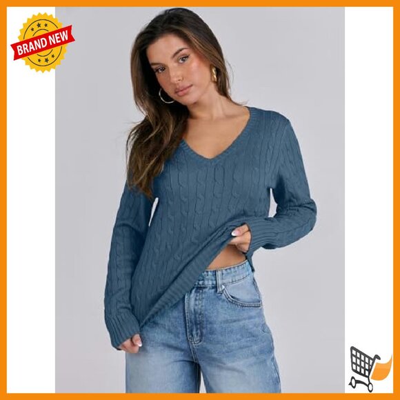 Slim Fit V-Neck Cable Knit Pullover Sweater Long Sleeve - Picture 5 of 8